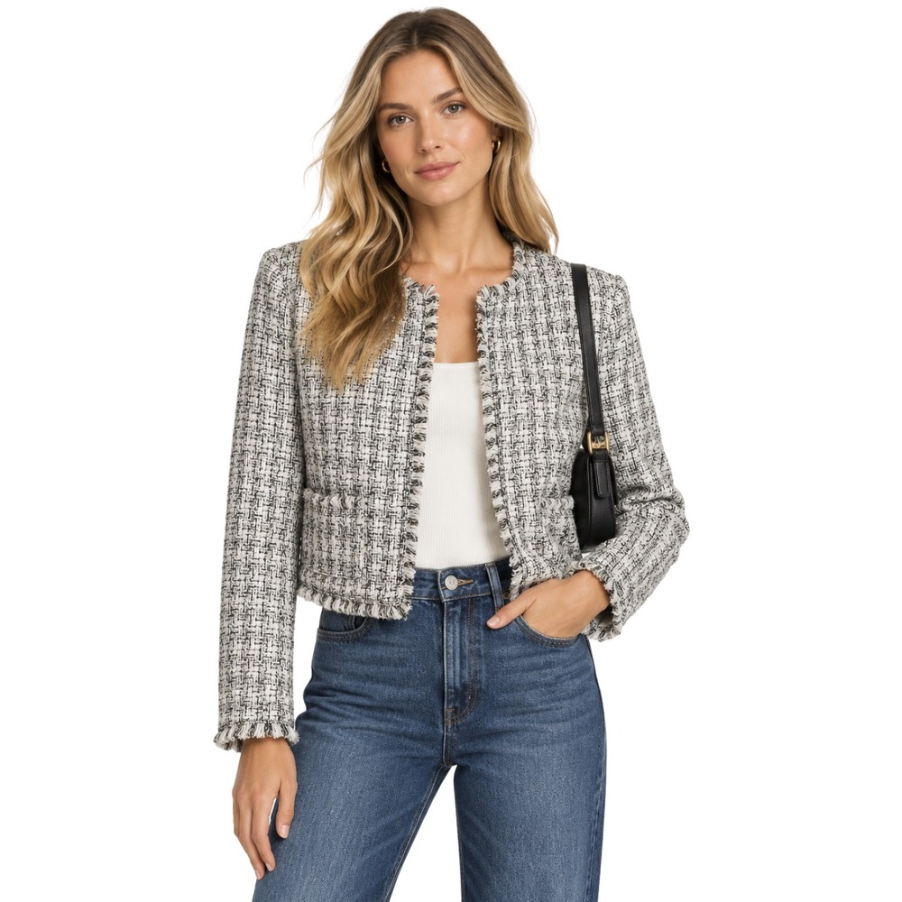 Express Blazer Jacket Womens Small White‎ Black Tweed Plaid Open Front Fringe